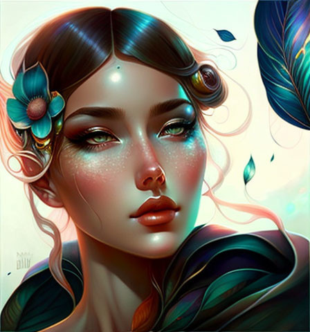 Vibrant teal hair woman with flower and butterflies in magical illustration