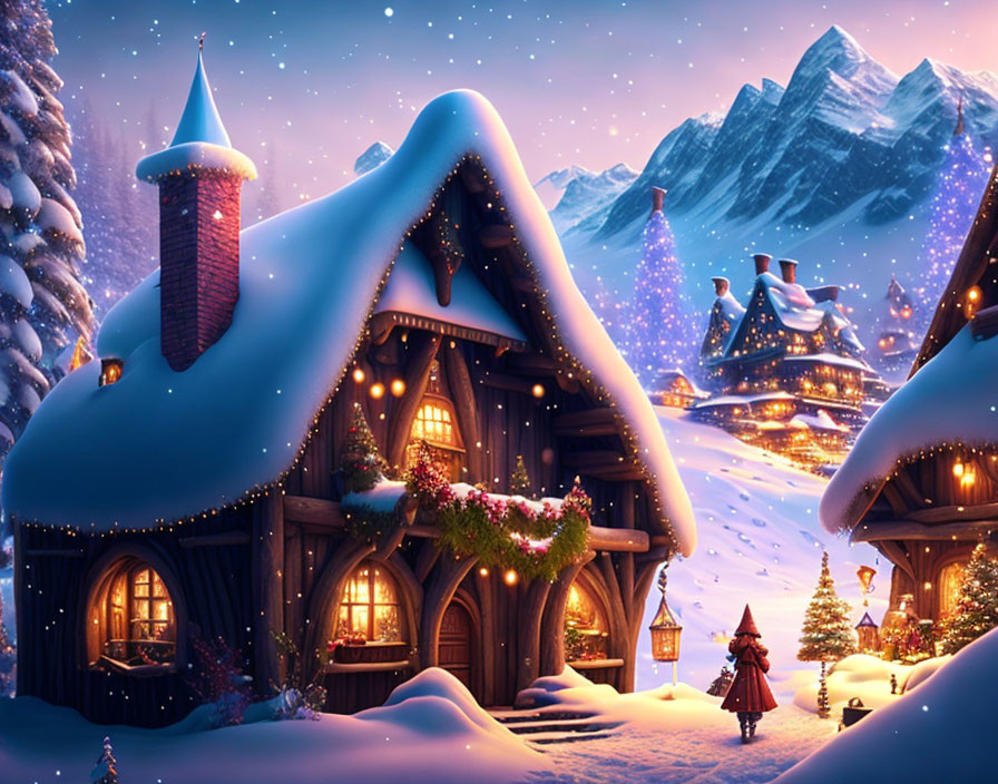 Snow-covered houses with glowing windows and festive decorations in a winter mountain scene.