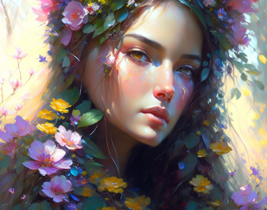 Portrait of Woman with Floral Crown in Vibrant Colors