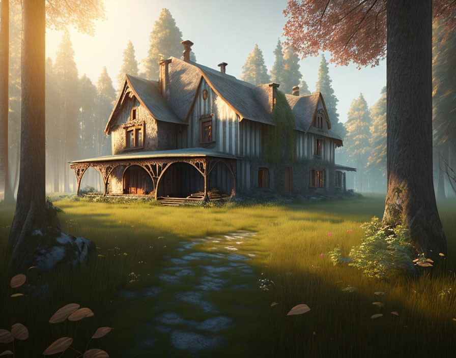 Serene forest glade with picturesque cottage in soft sunlight