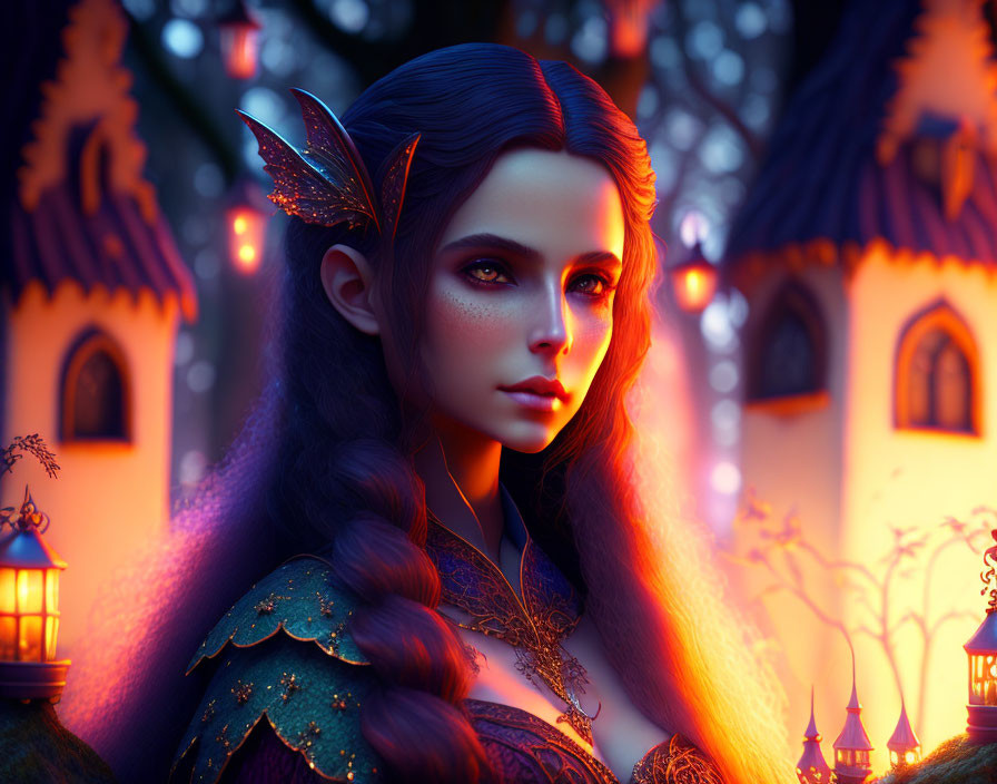 Elf portrait with braided hair and golden armor in enchanted forest