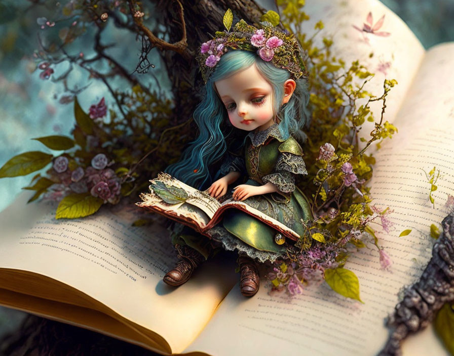 Illustration of tiny girl with blue hair reading book in nature