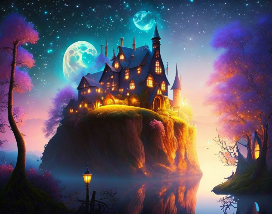 Enchanting castle on cliff under starry sky with two moons and luminous trees.