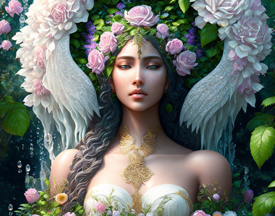 Translucent-winged fairy with floral crown and gold jewelry in lush garden