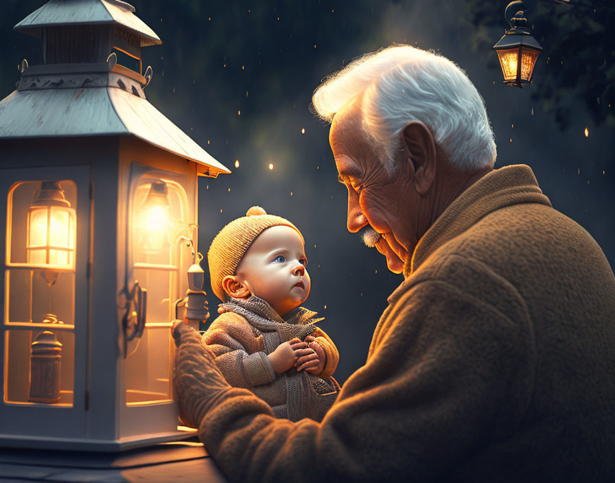 Elderly man smiling at baby under glowing lanterns in snowfall at dusk