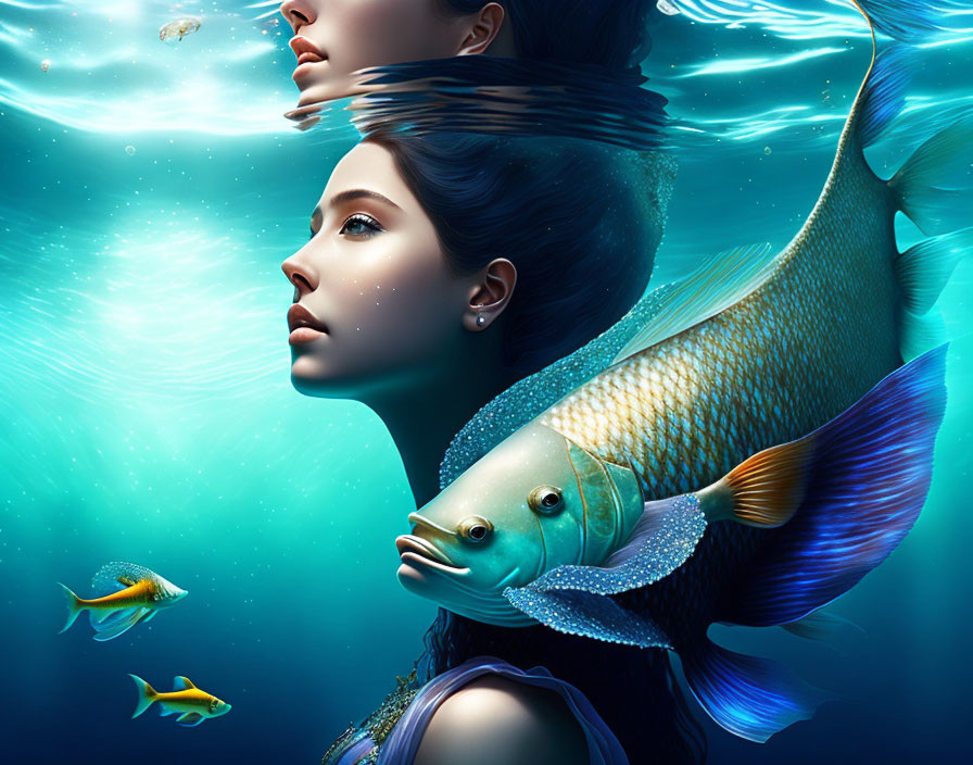 Surreal artwork featuring woman's face in water with fish