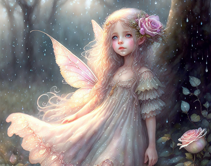 Whimsical fairy with large wings in enchanted forest scene