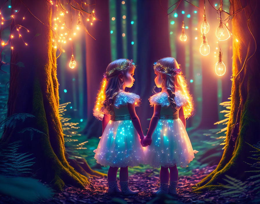 Young girls in mystical forest with glowing dresses and light bulbs between trees