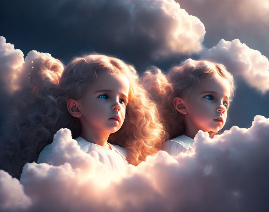 Curly-Haired Children Among Fluffy Clouds