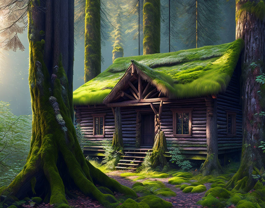 Rustic wooden cabin with mossy roof in misty forest