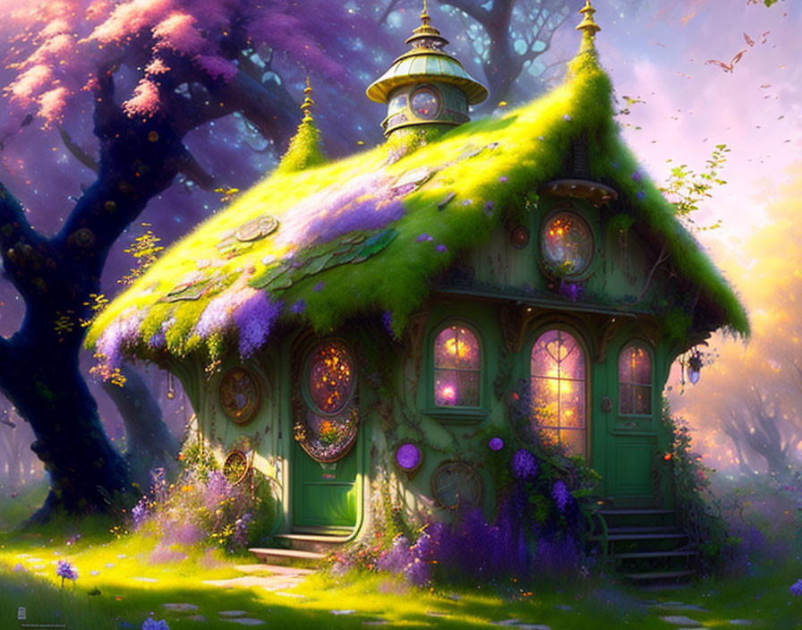 Enchanted forest scene with whimsical house and purple trees