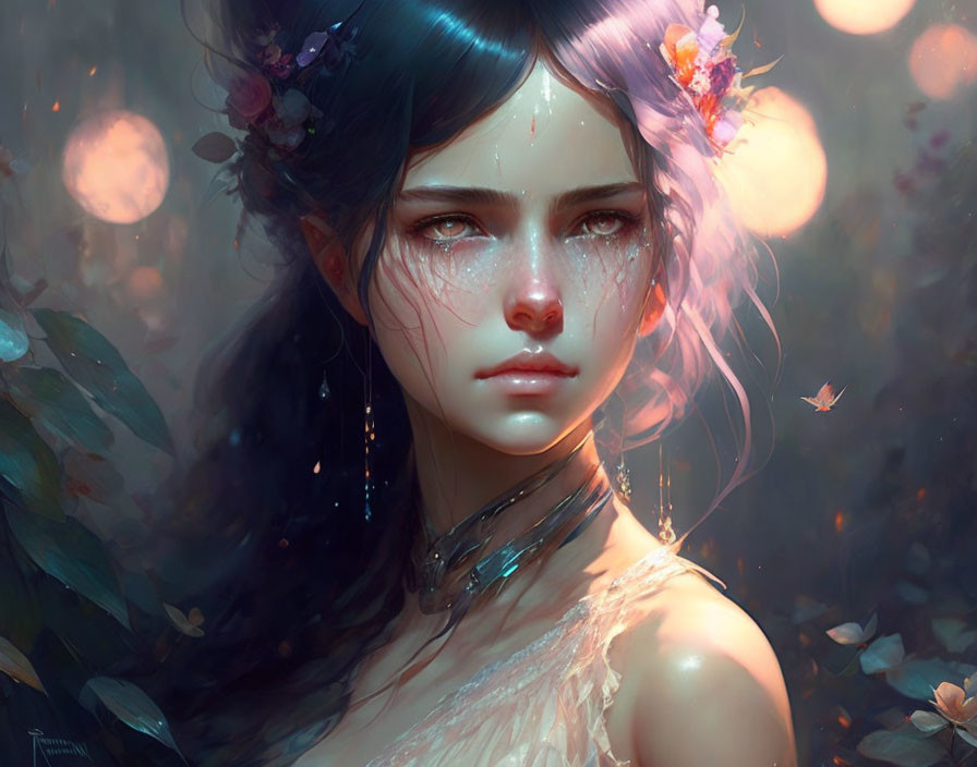 Fantasy female character with dark hair, floral attire, and glowing butterflies