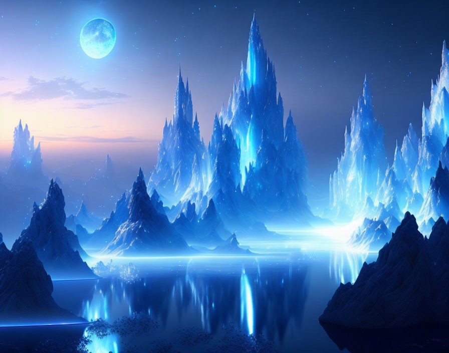 Fantasy landscape with towering ice formations under a moonlit sky