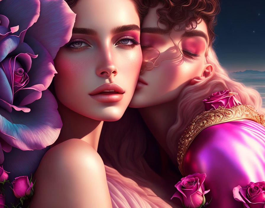 Romantic embrace amidst vibrant roses in dreamlike setting