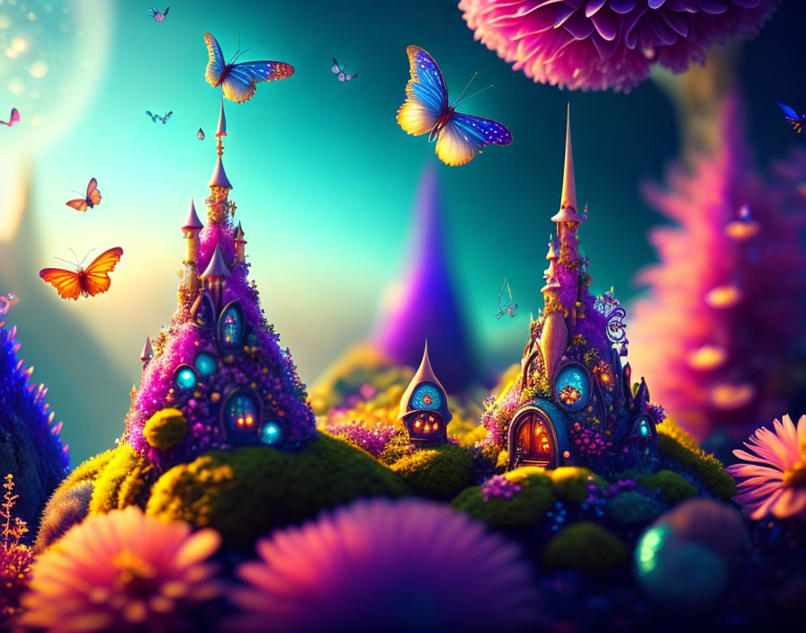 Fantasy Landscape with Fairy-Tale Castles and Butterflies