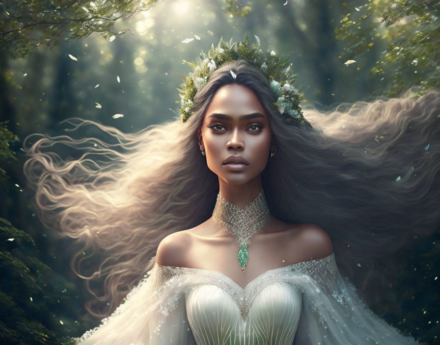 Portrait of woman with long hair and floral crown in ethereal forest setting