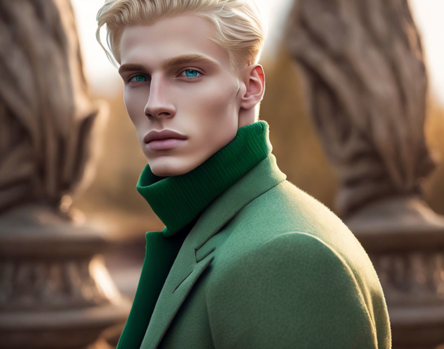 Digitally created male model with blue eyes and blond hair in green turtleneck and coat against blurred