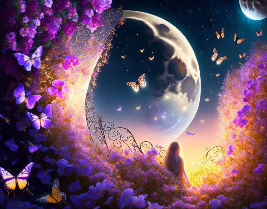 Person gazing at crescent moon surrounded by flowers, butterflies, and starry sky