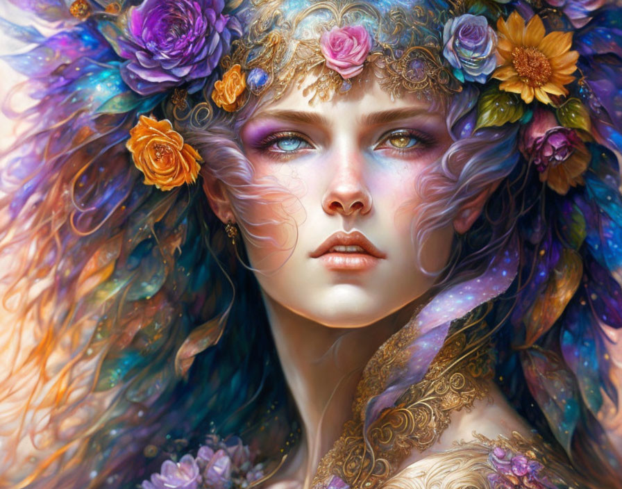 Colorful portrait of woman with flower crown and intricate details