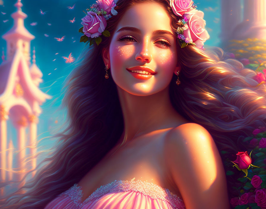 Woman with Floral Adornments, Pink Dress, Fantasy Castle, and Roses