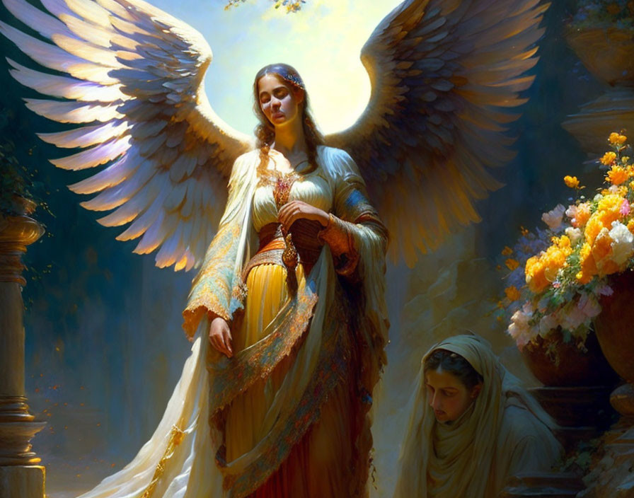 Ethereal angel with large wings in soft glow among flowers and contemplative figure.