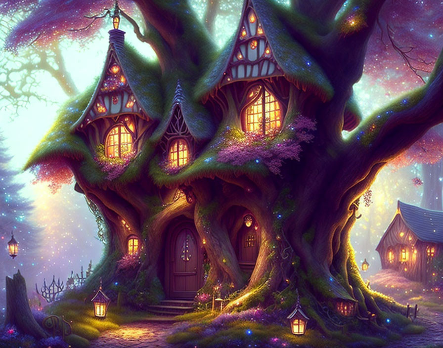 Enchanted treehouse in mystical forest with glowing windows.