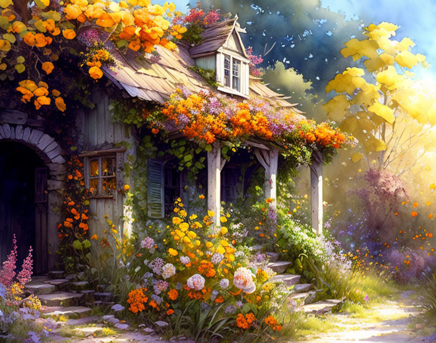 Thatched Roof Cottage Surrounded by Orange Flowers