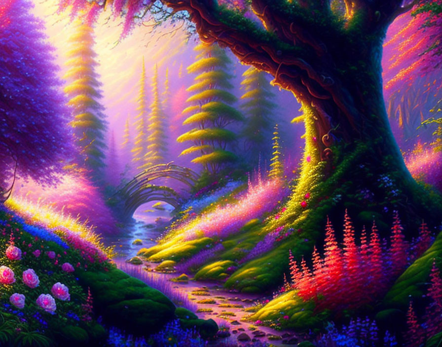 Vibrant colorful fantasy forest with illuminated pathway and lush flora