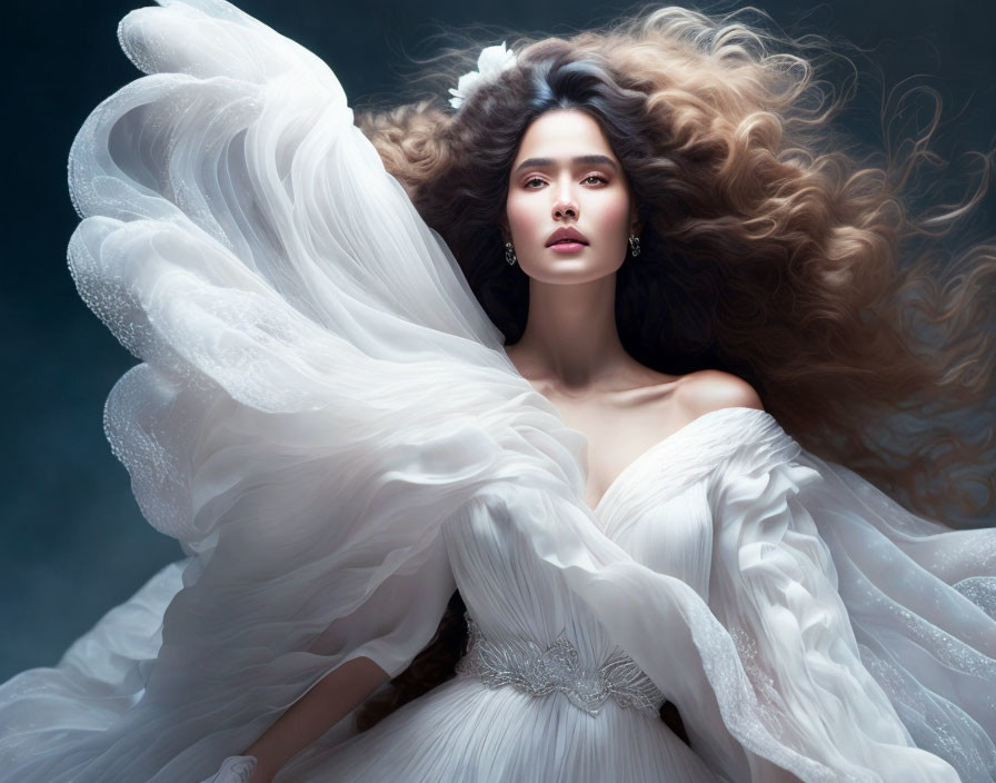 Woman with Voluminous Hair in White Gown on Dark Background