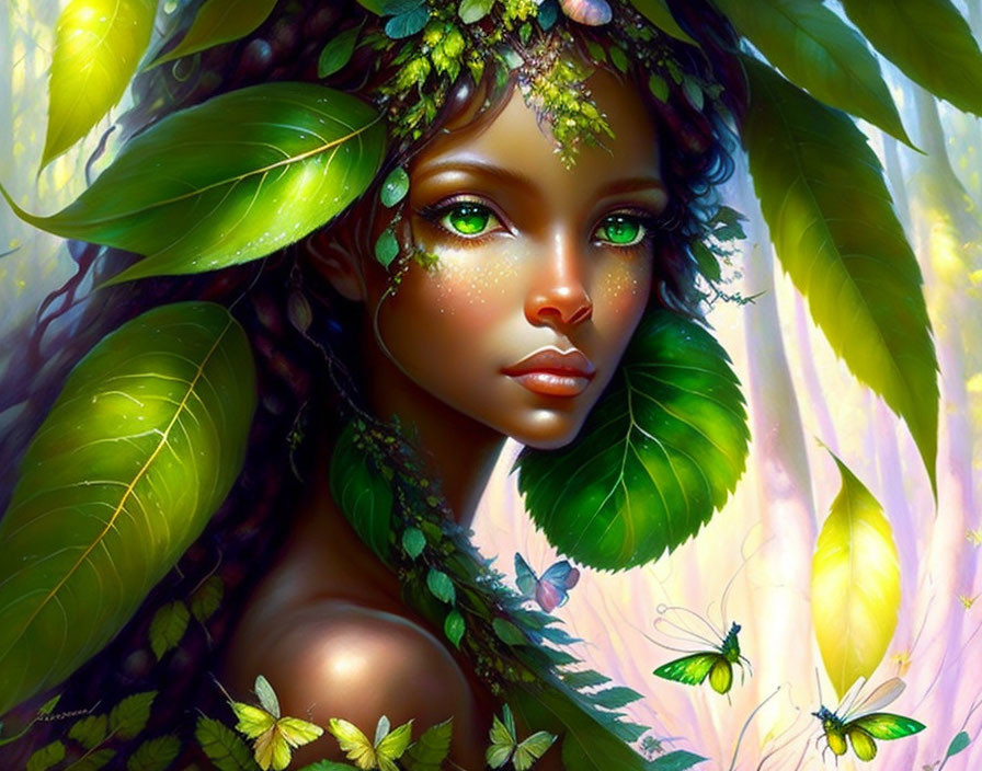 Illustration of woman with dark skin and green eyes in nature-inspired theme