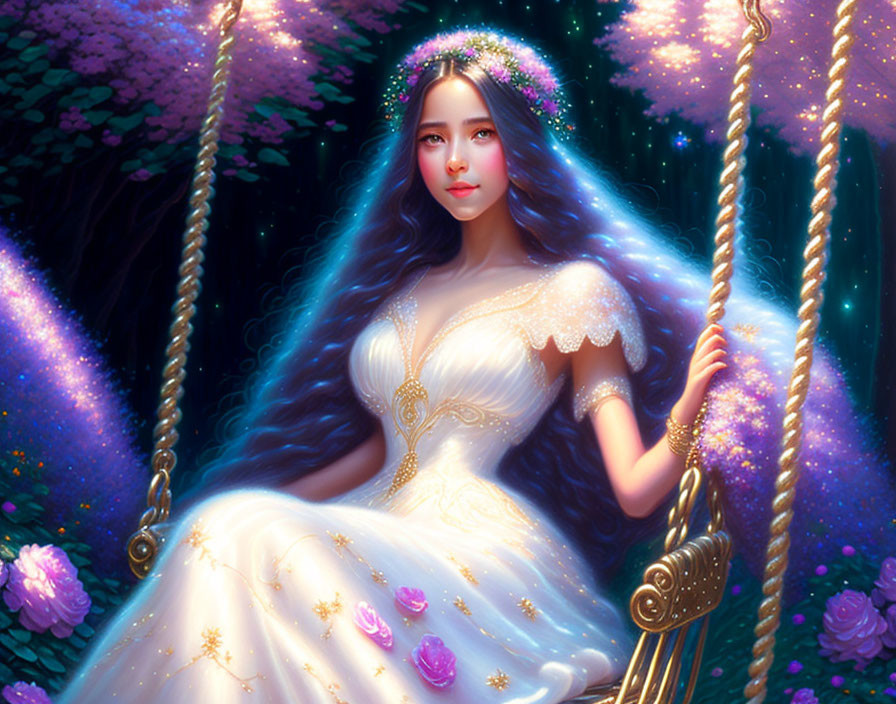 Woman with Long Blue Hair on Swing in Enchanted Forest Setting