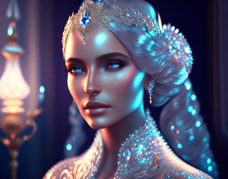 Ethereal woman with tiara and sparkling adornments in soft blue light