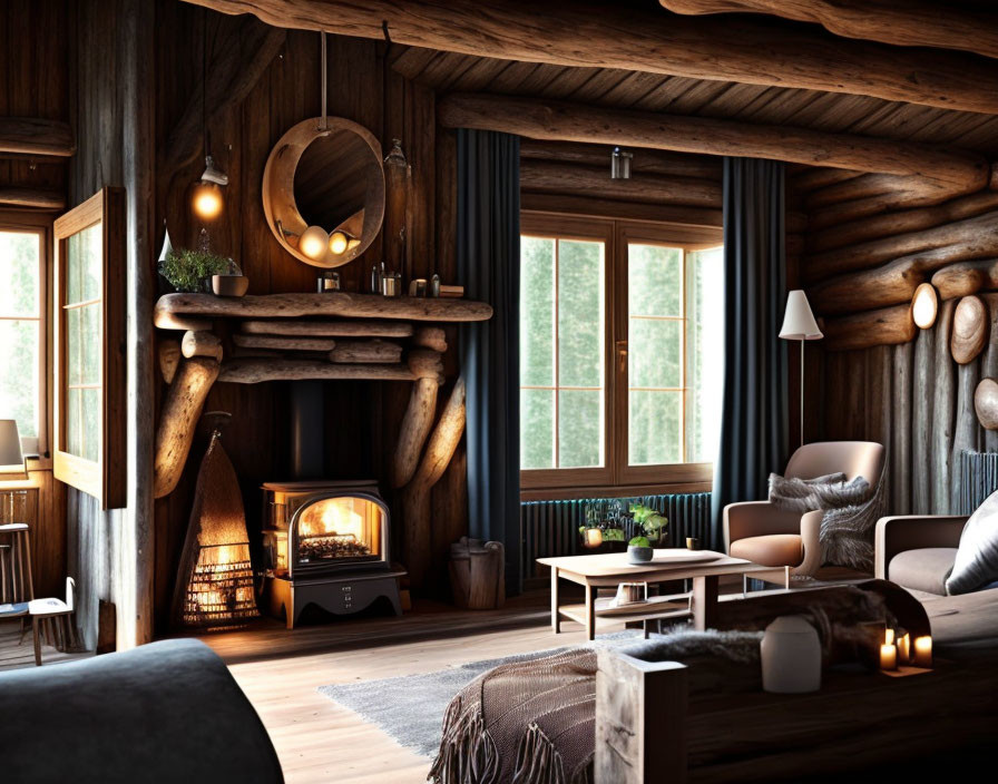 Rustic cabin interior with fireplace, wooden furniture, plush seating