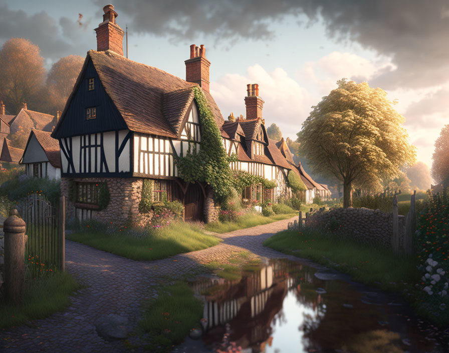 Traditional half-timbered houses on cobblestone lane at sunset