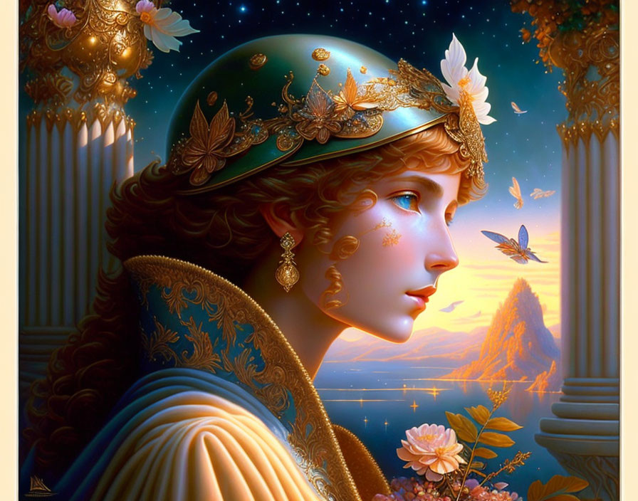 Fantasy illustration of woman with golden butterfly headgear in serene sunset scene