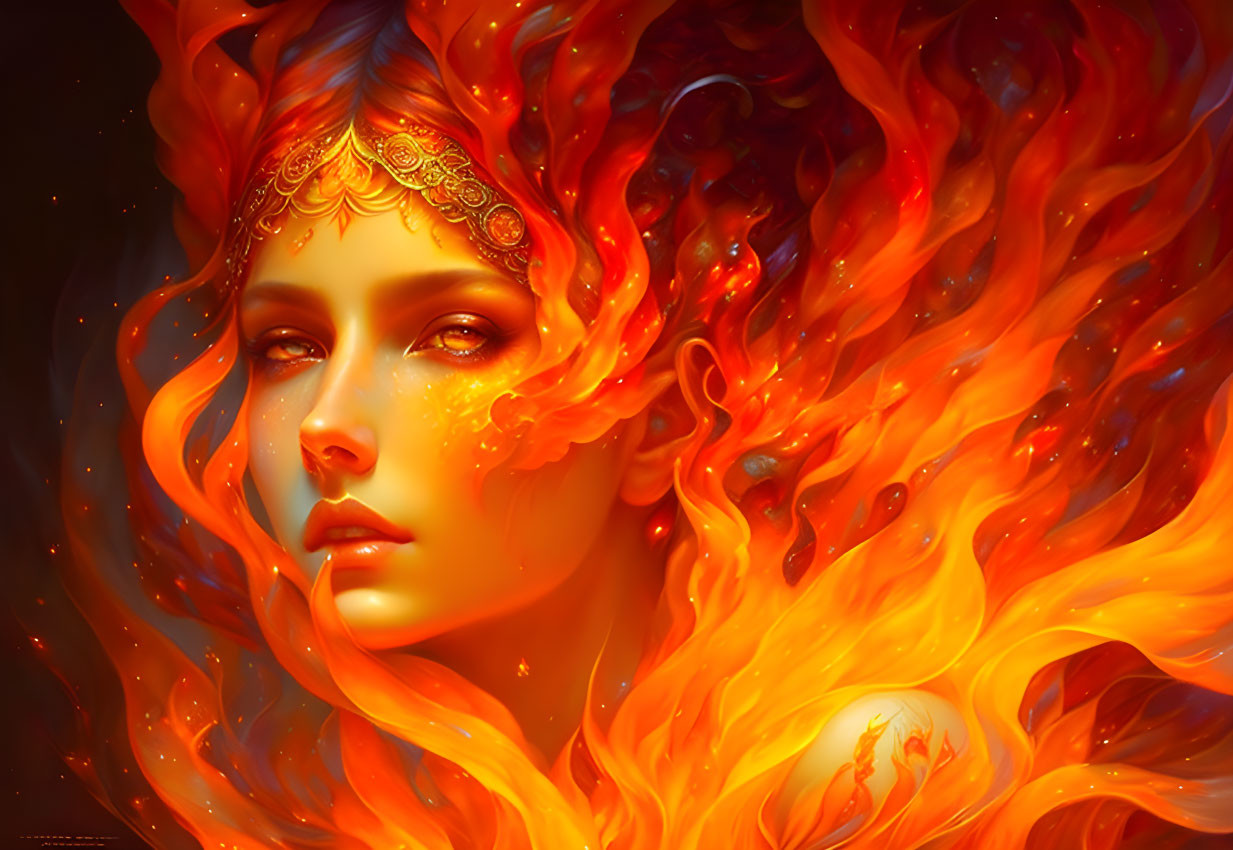 Illustration of woman with fiery hair and golden headpiece.