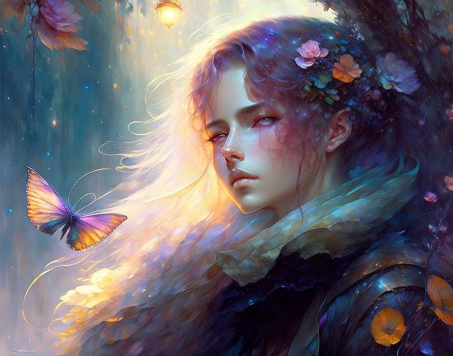 Fantasy portrait with flowing hair, flowers, butterflies, and dreamy atmosphere