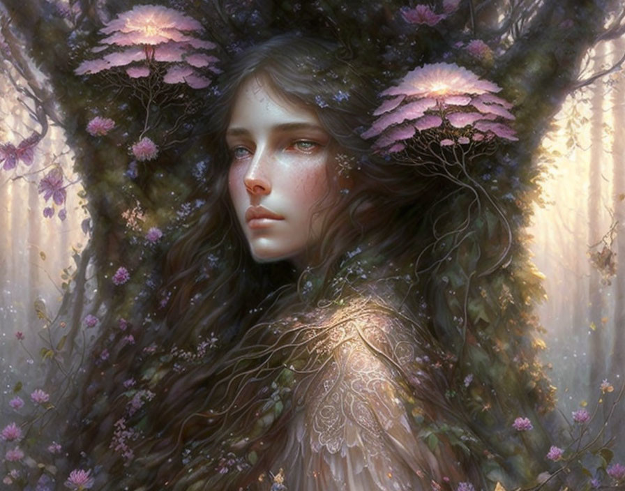 Portrait of woman with tree-like features and pink flowers in soft light