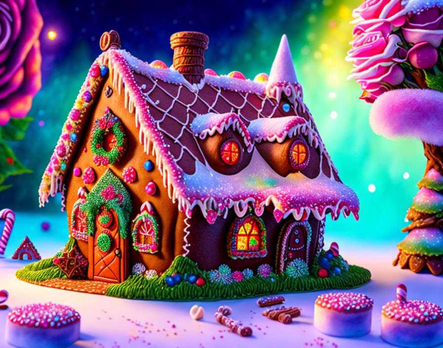 Vibrant gingerbread house with candy decorations in snowy winter scene