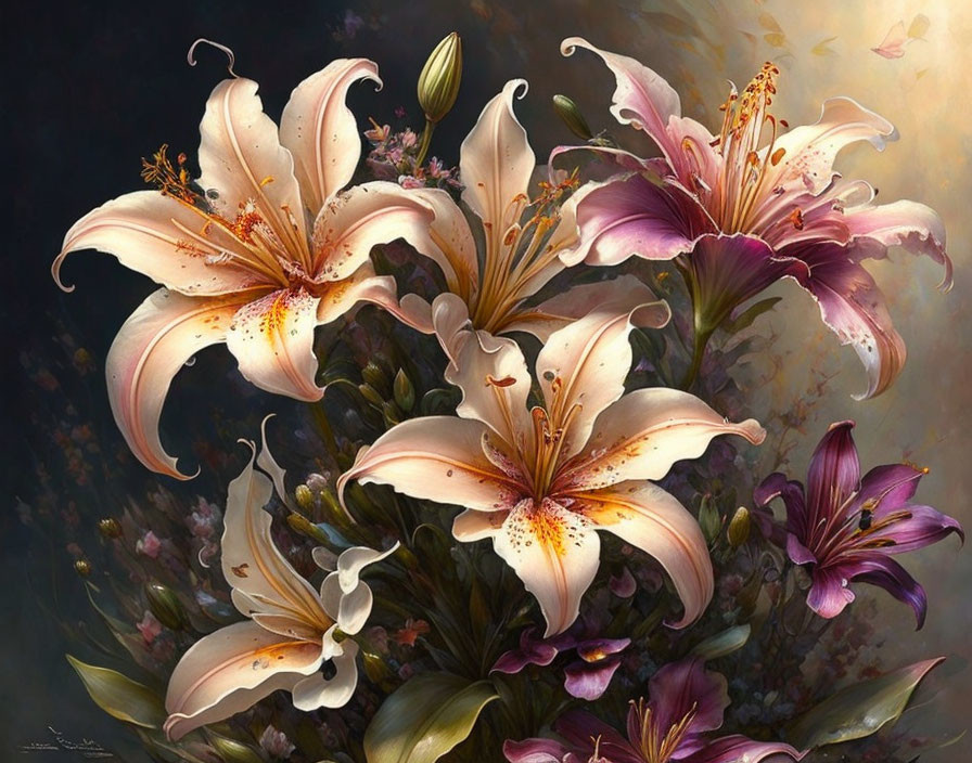 Blooming lilies artwork with open blossoms and buds on a soft, dark background