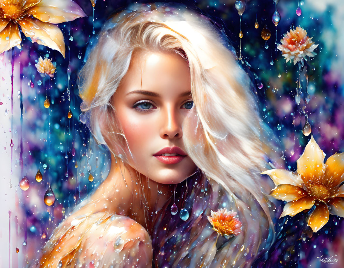 Blonde woman in cosmic-themed digital art