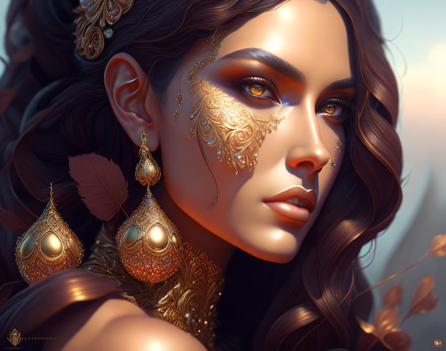 Detailed Portrait of Woman with Golden Jewelry and Tattoos in Warm Tones