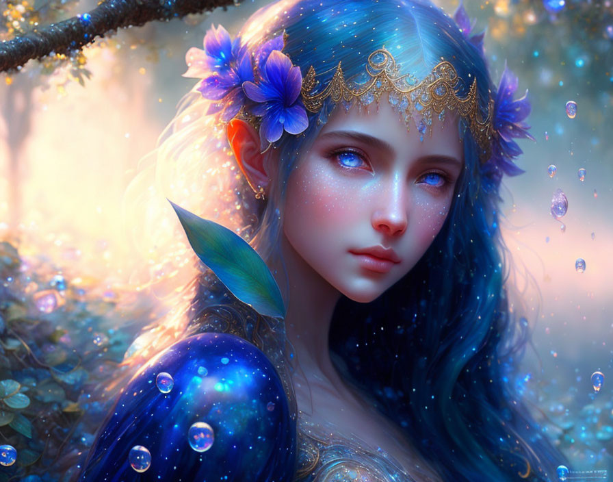 Fantasy female elf digital art: blue hair, gold tiara, purple flowers, sparkling eyes,