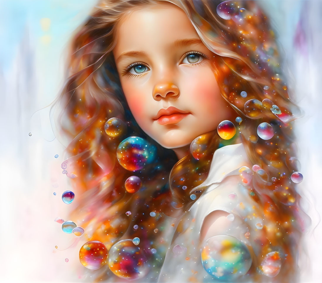 Colorful digital artwork: Young girl with wavy hair and iridescent bubbles on soft background