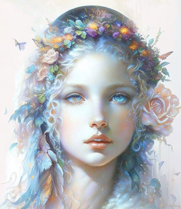 Portrait of Young Woman with Blue Eyes, Floral Wreath, Butterflies, and Pastel Aura