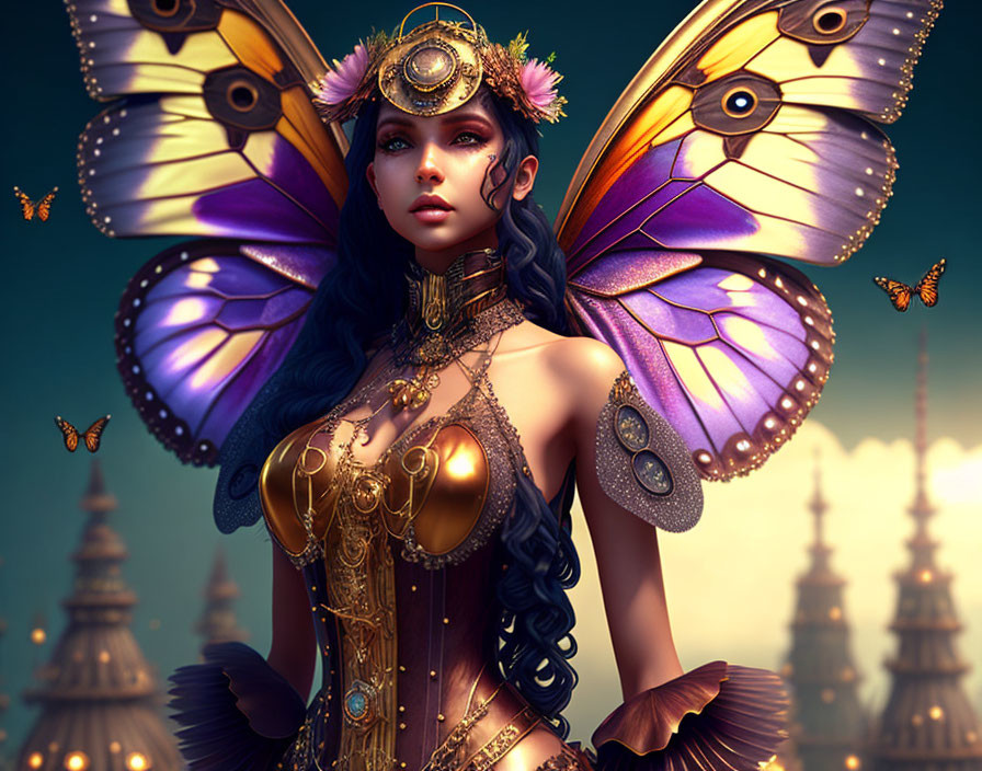 Fantastical female figure with butterfly wings and golden attire under twilight sky