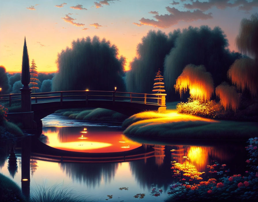 Tranquil twilight scene with reflective pond and lush trees