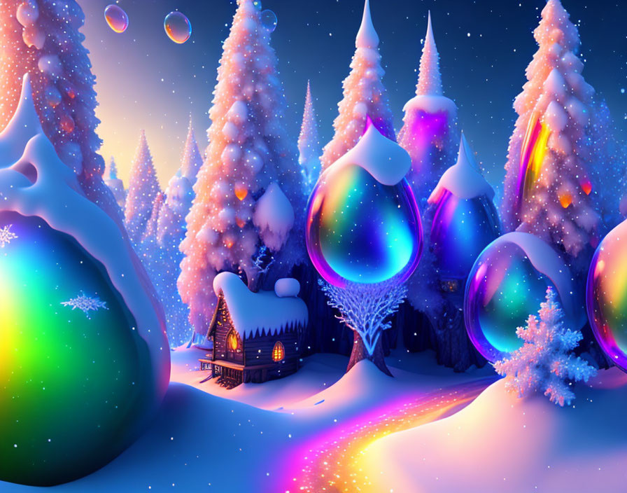 Snow-covered trees, cozy cottage, colorful bubbles, and iridescent lights in winter night scene