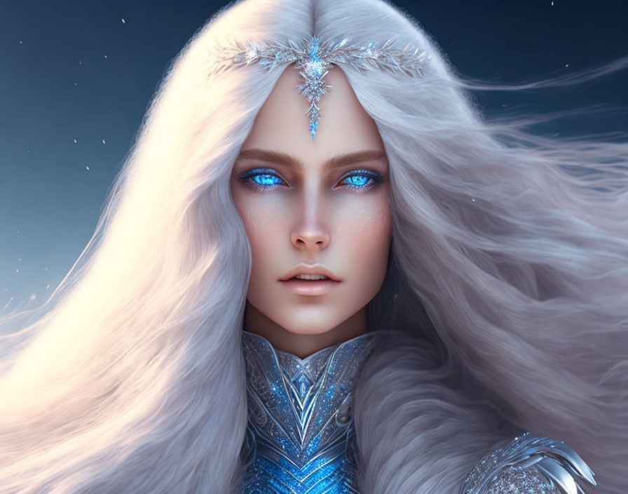 Fantasy art of figure with blue eyes, white hair, silver tiara, blue armor under star