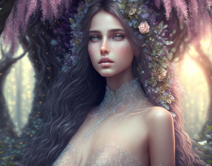 Fantasy portrait of woman with floral hair adornments in mystical forest